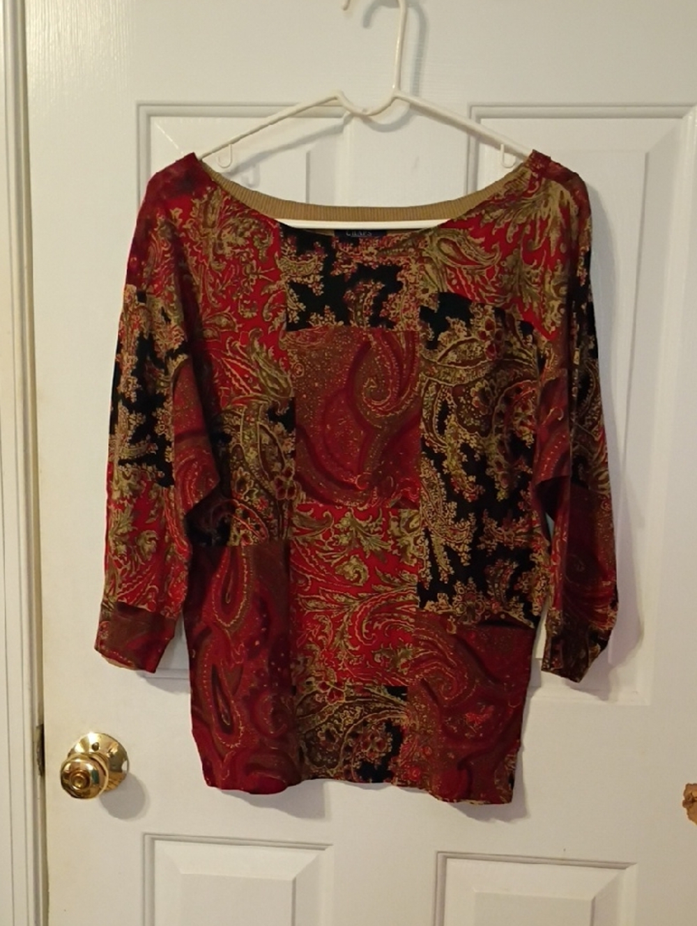 Chaps Red Paisley Boatneck Top with Gold Accents